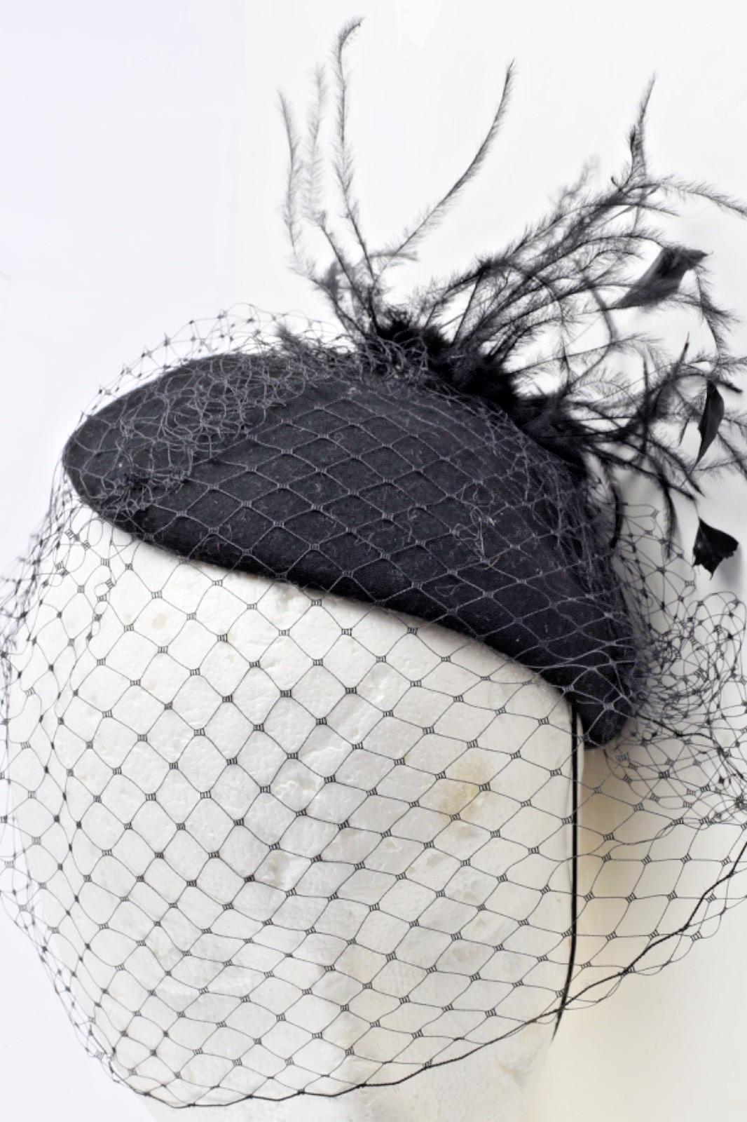 Vintage Mid-Century Black Pillbox Hat with Birdcage Veil Black Pillbox Hat With Veil and Two Bows, Mid-century Union  main image 3