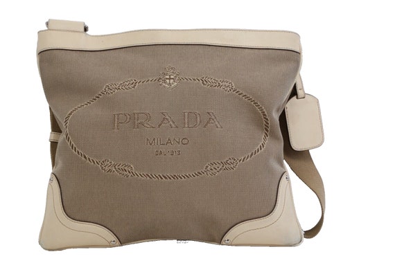 Vintage PRADA Beige Canvas Calf Leather Shoulder Crossbody Bag