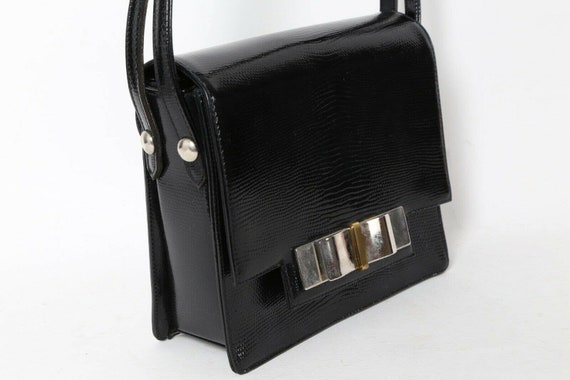 Vintage Black Snake Embossed Leather Bow Flap Han… - image 5