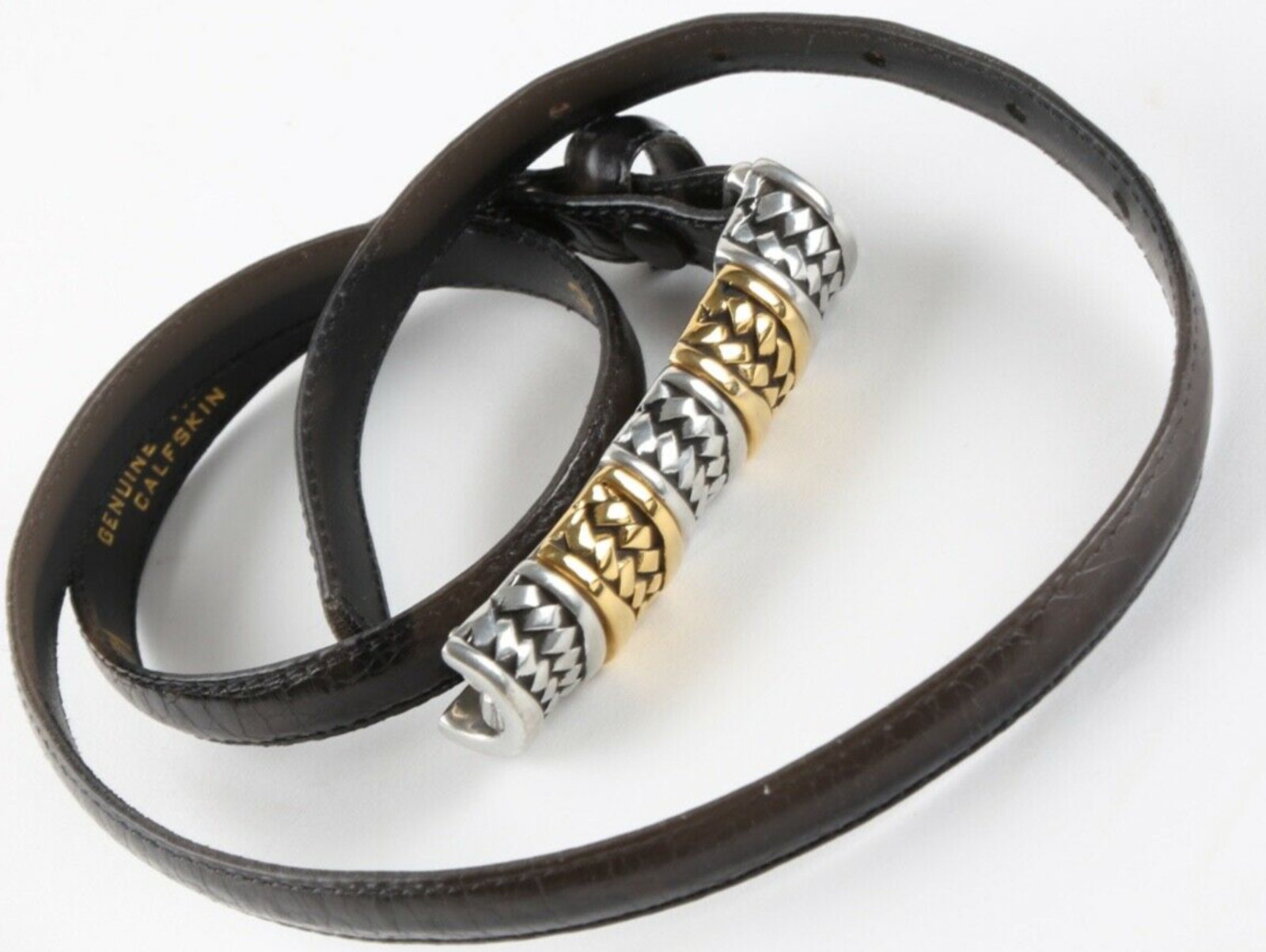 Vintage Vicenza Black Calfskin Leather Skinny Belt Silver Gold Buckle Size 30 Vintage Vicenza Black Calfskin Leather Skinny Belt Size 30  main image 4