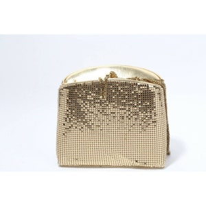 Vintage Gold Leather Mesh Sparkle Metallic Kiss Lock Chain Shoulder Bag