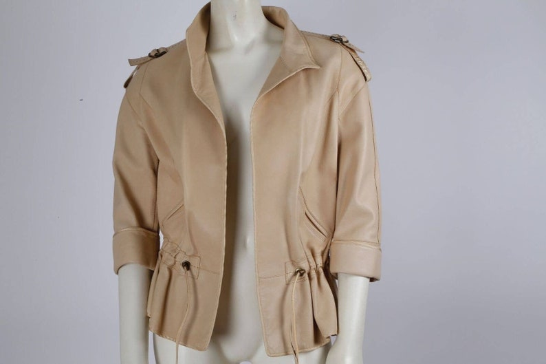 ZENOBIA Vintage Beige Soft Leather Drawstring Light Jacket Size 6 image 4