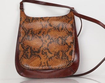 Vintage FOSSIL Brown Leather Snake Skin Pattern Flap Slim Crossbody Bag