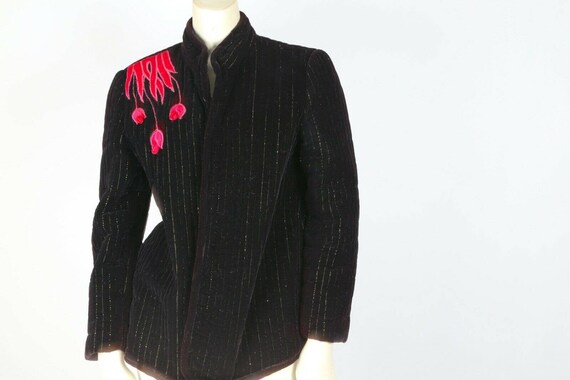 Vintage Black Embroidered Chinese Velvet Antique … - image 2