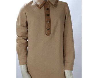 Vestido vintage beige de manga larga con cuello y corte A, talla M