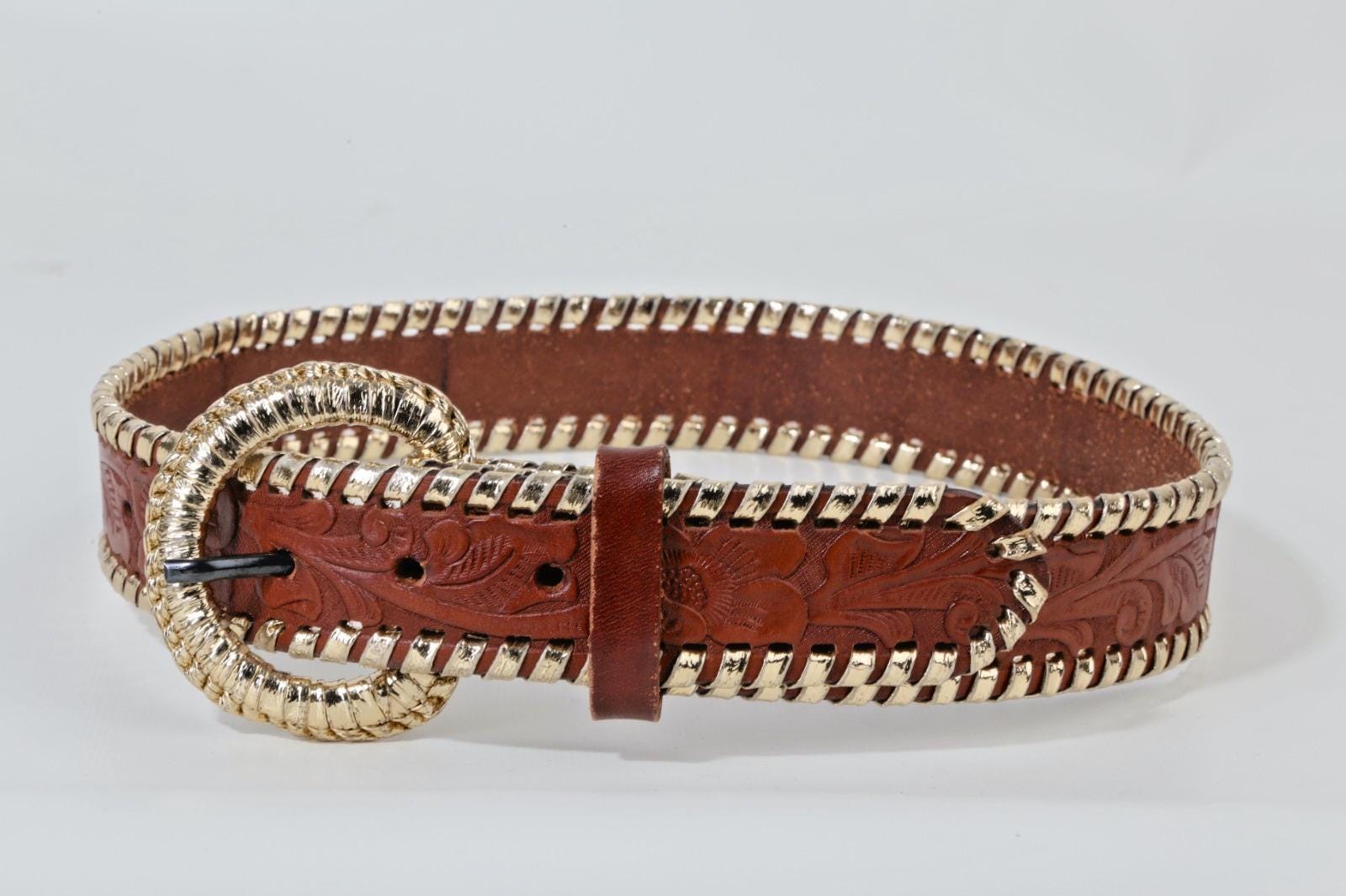Vintage Hand Tooled Leather Inlay Belt Boho Western Whipstitch Brown Tan Medium Vintage Brown Leather Belt Tooled Hand Painted Floral Boho  main image 2