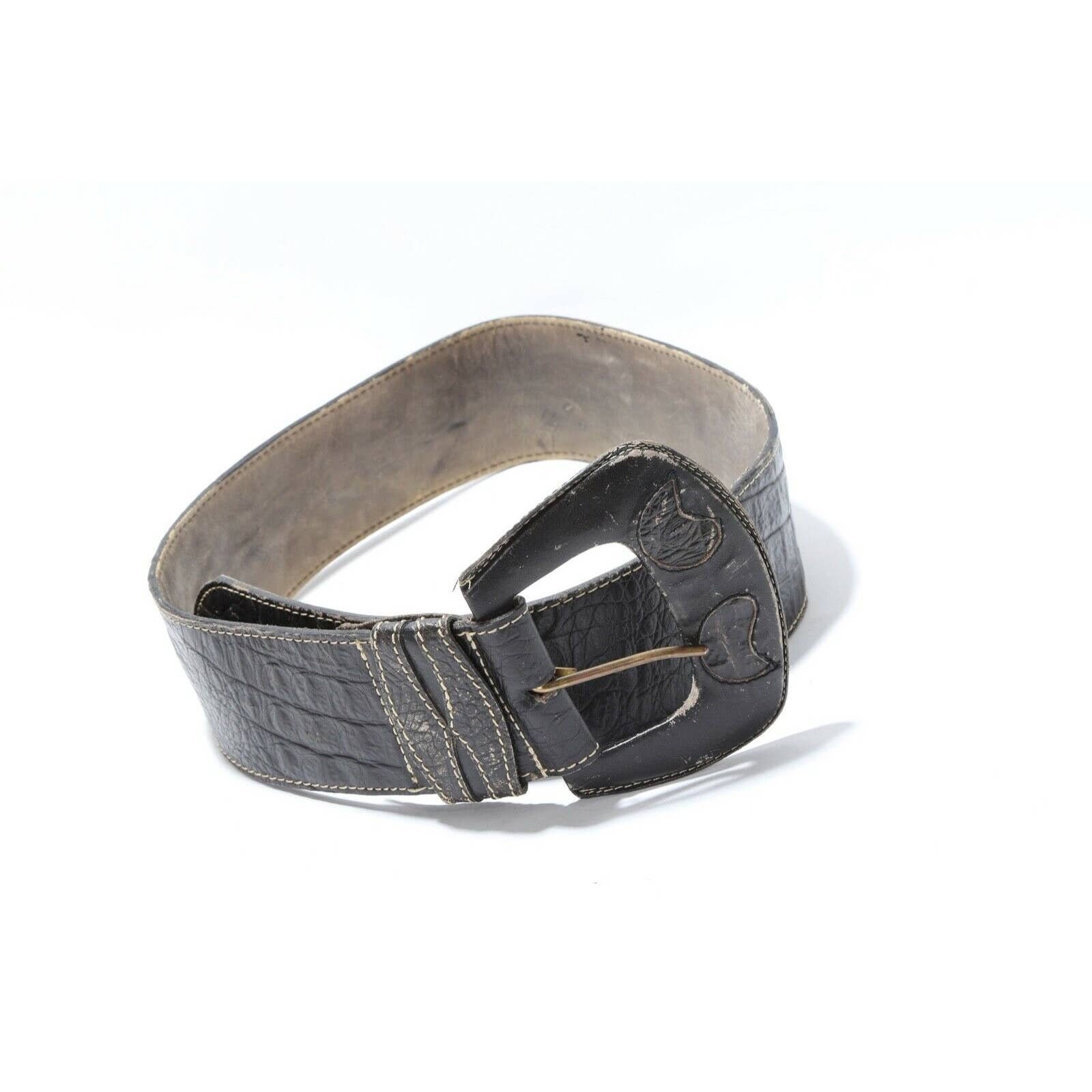 Vintage Black Croco Embossed Leather Oversized Buckle Belt  display picture 2