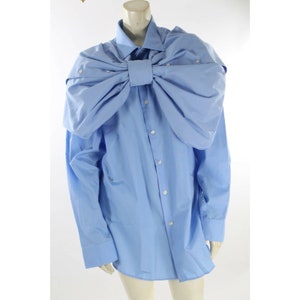 Ajlena Nanic Blue Cotton Oversized Bow Button Down Long Sleeve Shirt Dress OS image 8