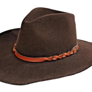 May include: A brown cowboy hat with a wide brim and a leather band. The hat has a braided leather strap around the crown and a buckle. The hat is made of a felt-like material.