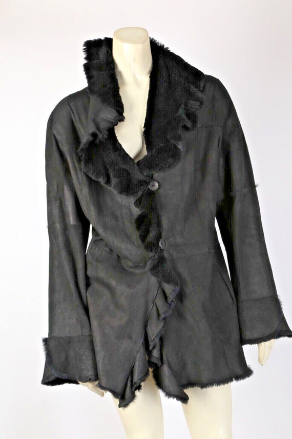 Vintage Black Suede Shearling Ruffle Short Elegant