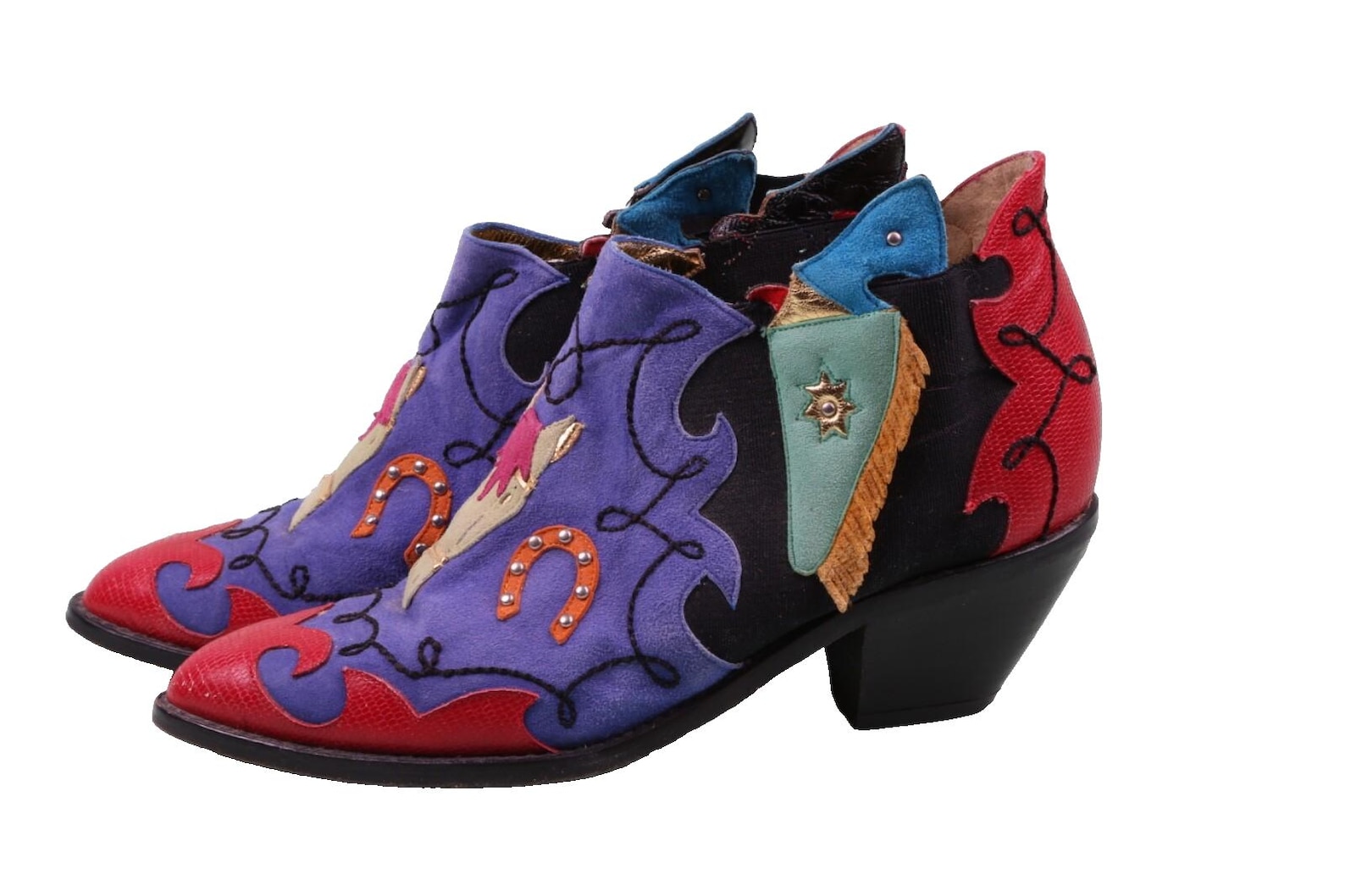 Vintage Zalo Cowboy Suede Leather Booties Suede Horse Multicolor Boots ...
