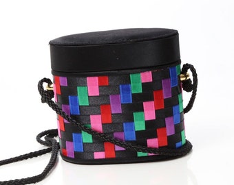 Vintage Multicolor Woven Satin Clynder Shape Bucket Shoulder Bag