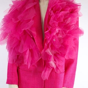 Vintage SANDRA ROTH Hot Silk Pink Tulle Ruffle Collar Formal Blazer Size 10