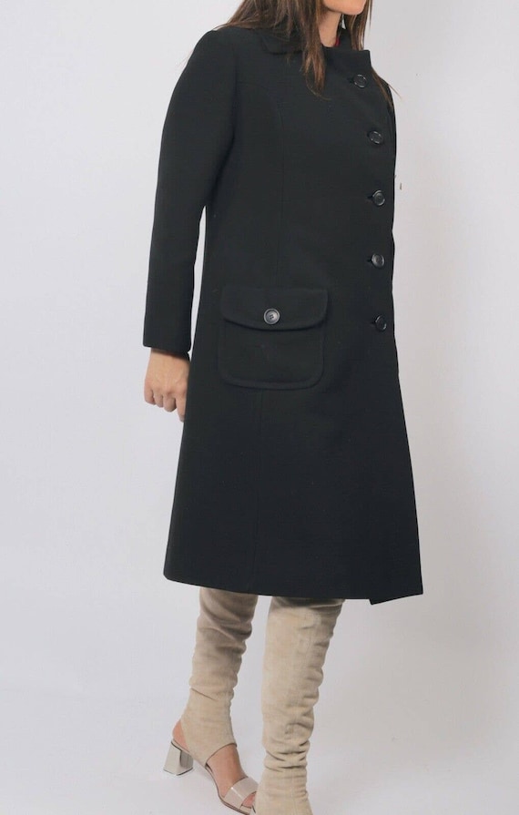 Vintage Black Wool Button Down Collared Midi Coat… - image 2