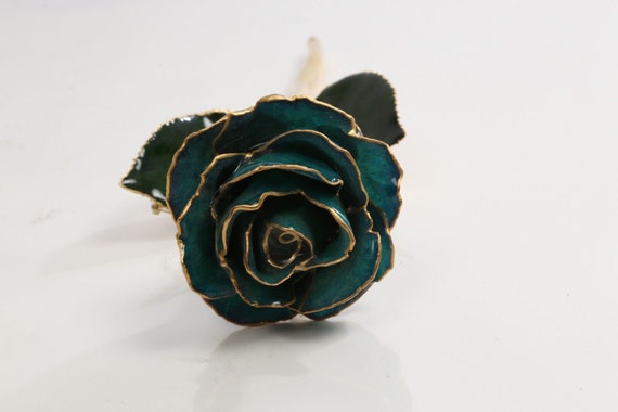 Vintage 24K Gold Dipped Green Rose Flower Brooch - image 4