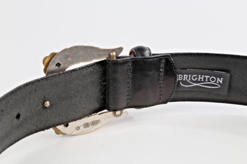 Vintage Brighton Black Leather Western Belt Silver-Gold Buckle Classic Size S zdjęcie 8