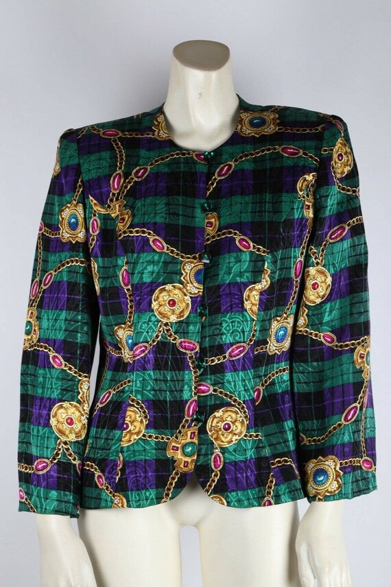 Vintage Green Multicolor Plaid Silk Blouse Blazer… - image 5