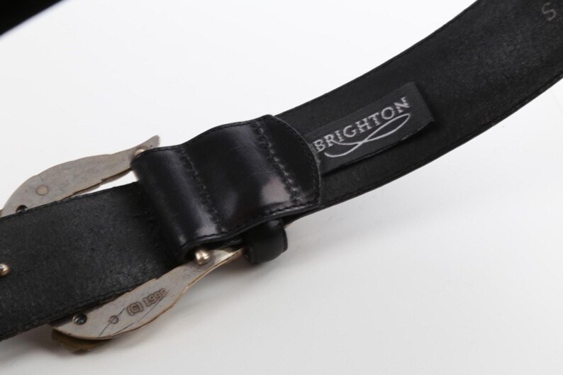 Vintage Brighton Black Leather Western Belt Silver-Gold Buckle Classic Size S zdjęcie 9