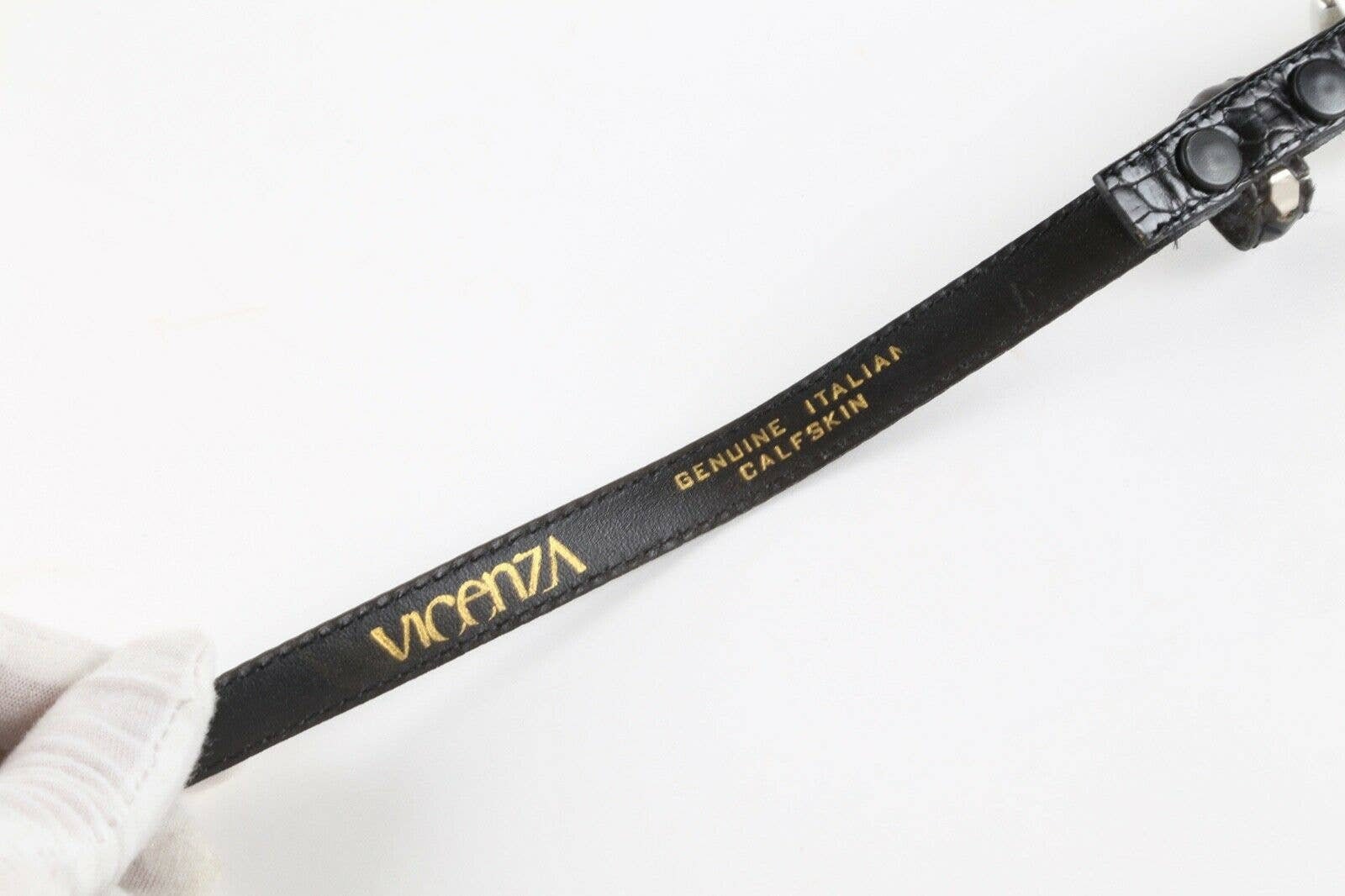 Vintage Vicenza Black Calfskin Leather Skinny Silver Gold Buckle Belt Size 30 Vintage Vicenza Black Calfskin Leather Skinny Belt Size 30  main image 2