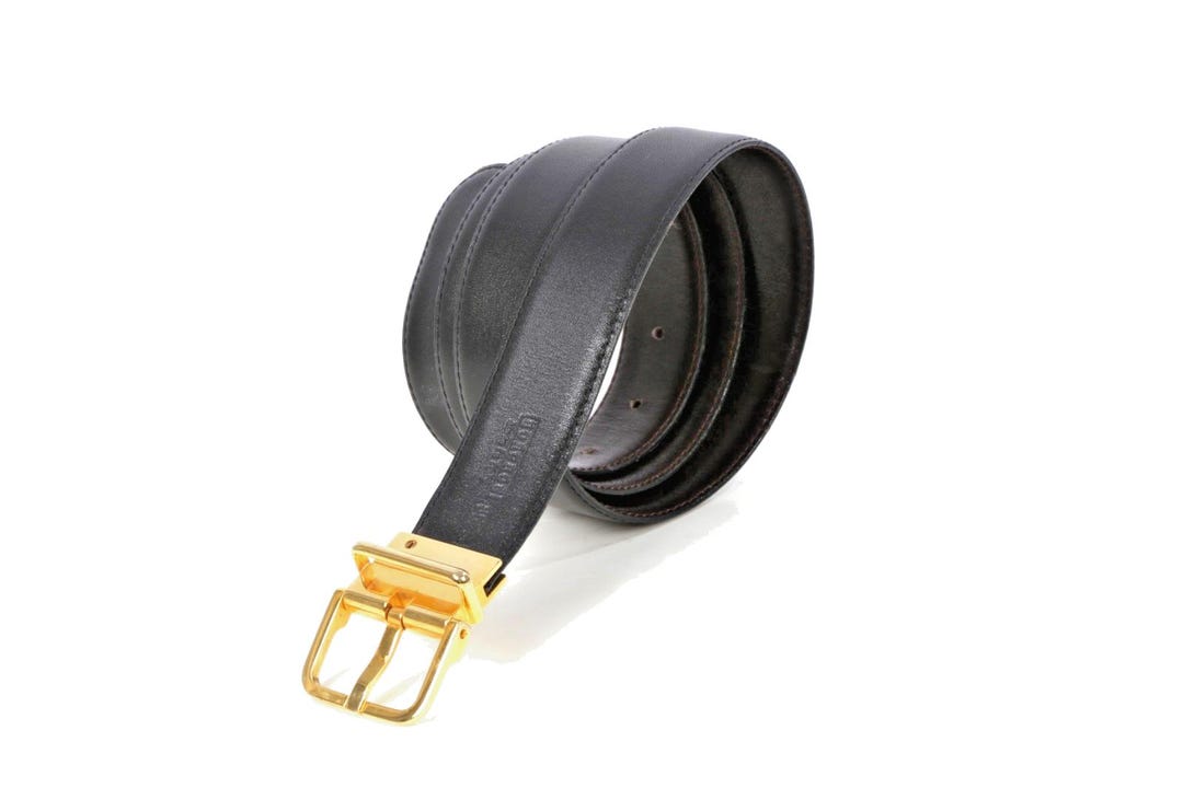 Vintage Mens Belt Reversible Black Brown Leather Gold Buckle  display picture 3