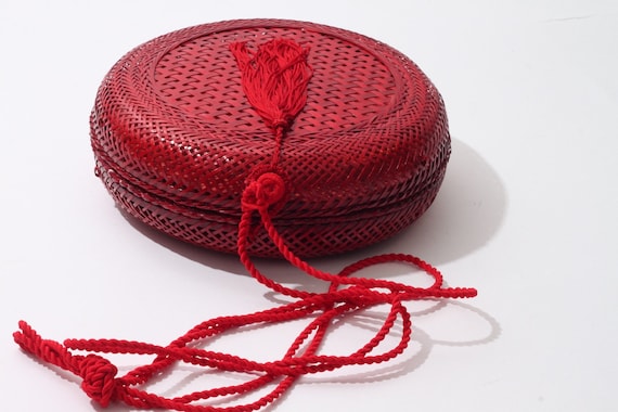 Handmade Red Round Woven Straw Shoulder Bag