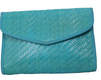 Vintage Vanessa Turquoise Green Woven Straw Flap Clutch Bag