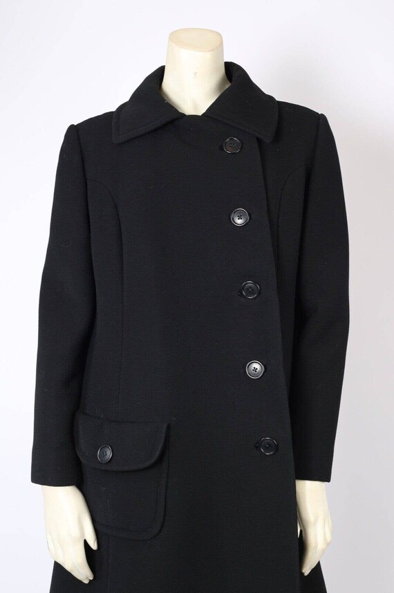 Vintage Black Wool Button Down Collared Midi Coat… - image 5