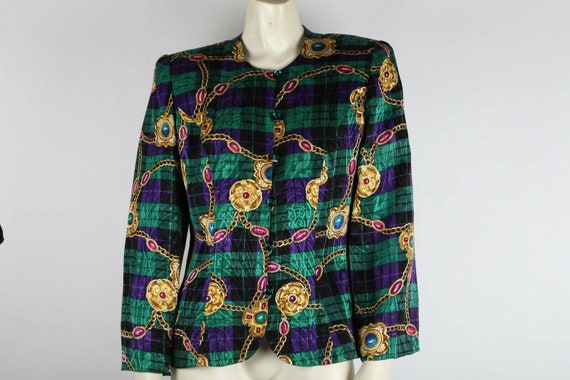 Vintage Green Multicolor Plaid Silk Blouse Blazer… - image 4