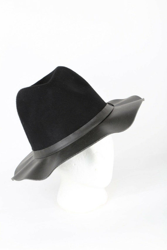 Vintage ABS Black Wool Faux Leather Fedora Hat On… - image 6