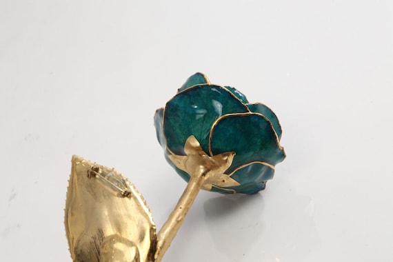 Vintage 24K Gold Dipped Green Rose Flower Brooch - image 8