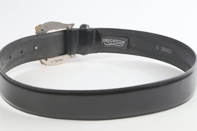 Vintage Brighton Black Leather Western Belt Silver-Gold Buckle Classic Size S zdjęcie 6
