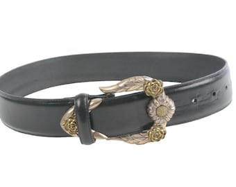 Vintage Brighton Black Leather Western Belt Silver-Gold Buckle Classic Size S