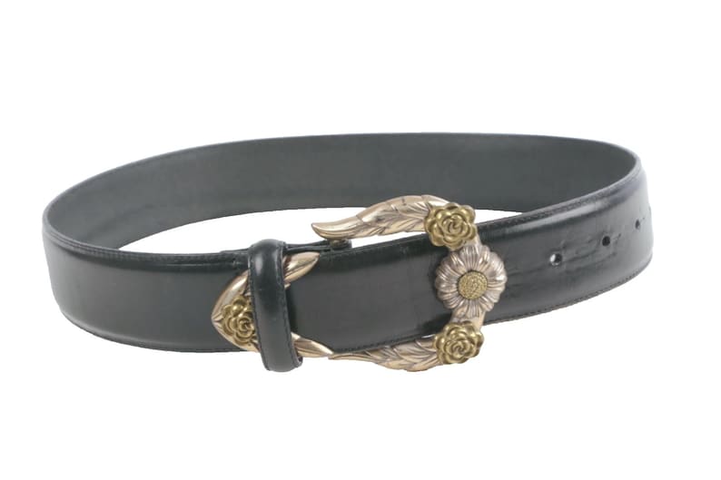 Vintage Brighton Black Leather Western Belt Silver-Gold Buckle Classic Size S zdjęcie 1