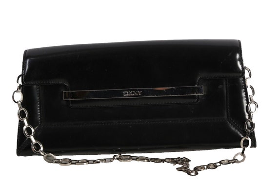 Vintage DKNY Black Leather Chain Clutch Handbag - image 1