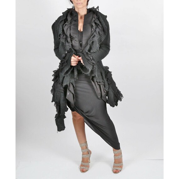 Vintage Unbranded Black Ruffle Long Knit Cardigan