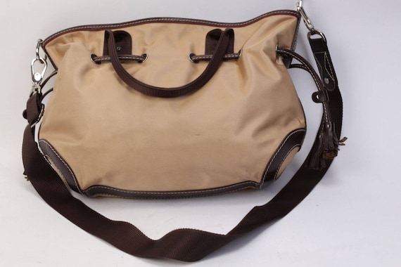 Vintage Lancel Beige Nylon Drawstring Brown Handle Shoulder
