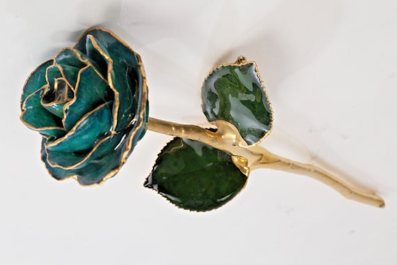Vintage 24K Gold Dipped Green Rose Flower Brooch - image 5