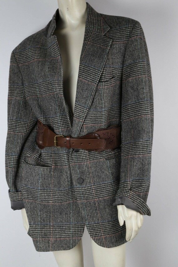 Vintage Gray Plaid Oversized Belted Blazer Jacket… - image 4