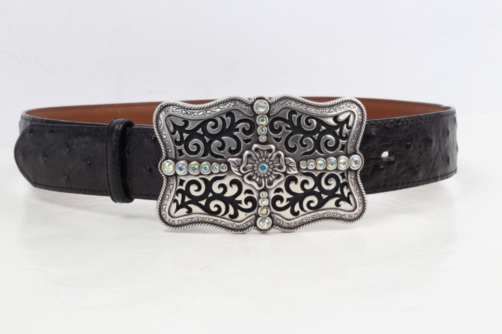 Vintage Black leather belt With Metal Cowboy hats design Size 32 Vintage Black Leather Western Belt Ornate Silver Tone Buckle  main image 4