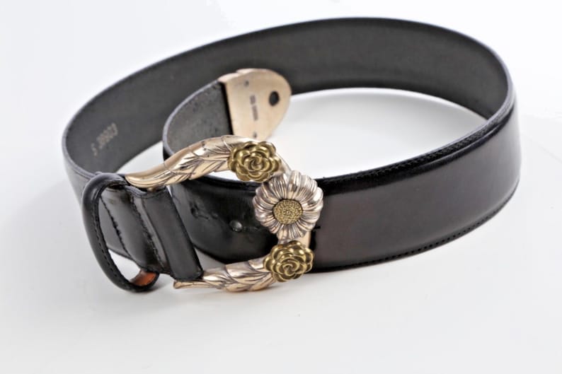 Vintage Brighton Black Leather Western Belt Silver-Gold Buckle Classic Size S zdjęcie 13