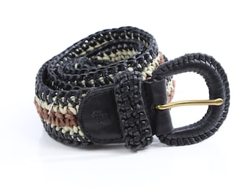 Vintage 90s Woven Braided Black Leather Belt Brass Buckle - Etsy display picture 2