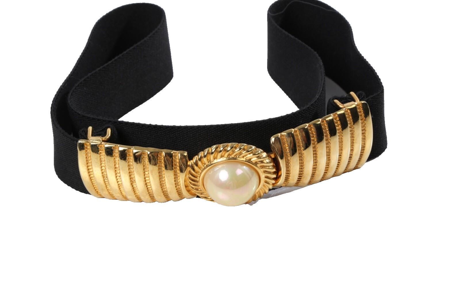 Elegant vintage Gold disk and Pearl Women\'s 36” stretchable belt Women Elastic Vintage Pearl Belt Fashion White Pearl and  main image 3