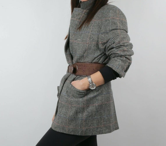 Vintage Gray Plaid Oversized Belted Blazer Jacket… - image 10