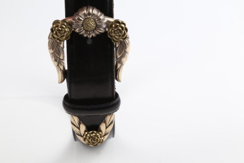 Vintage Brighton Black Leather Western Belt Silver-Gold Buckle Classic Size S zdjęcie 11