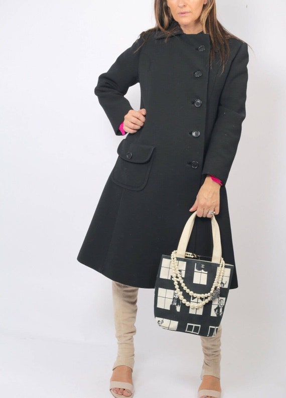 Vintage Black Wool Button Down Collared Midi Coat… - image 3