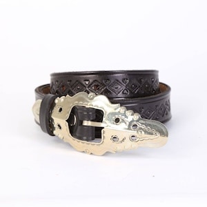 Vintage Black Leather Engraved Embossed Silver Buckle Belt Size M