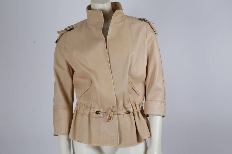 ZENOBIA Vintage Beige Soft Leather Drawstring Light Jacket Size 6 image 9