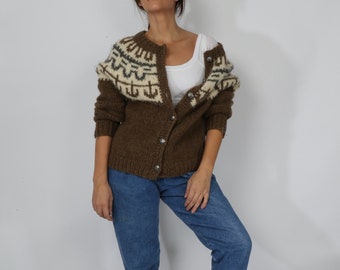Vintage Unbranded Brown Knit Wool Fuzzy Sweater Cardigan Size M