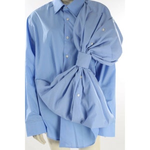Ajlena Nanic Blue Cotton Oversized Bow Button Down Long Sleeve Shirt Dress OS image 5