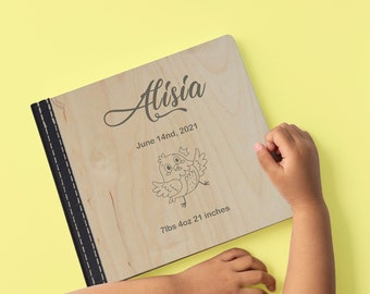 Personalized Baby Photo Album - Wooden cover scrapbook, Engraved Baby's name and birth date - Perfect Birthday or Christmas Gift for Newborn